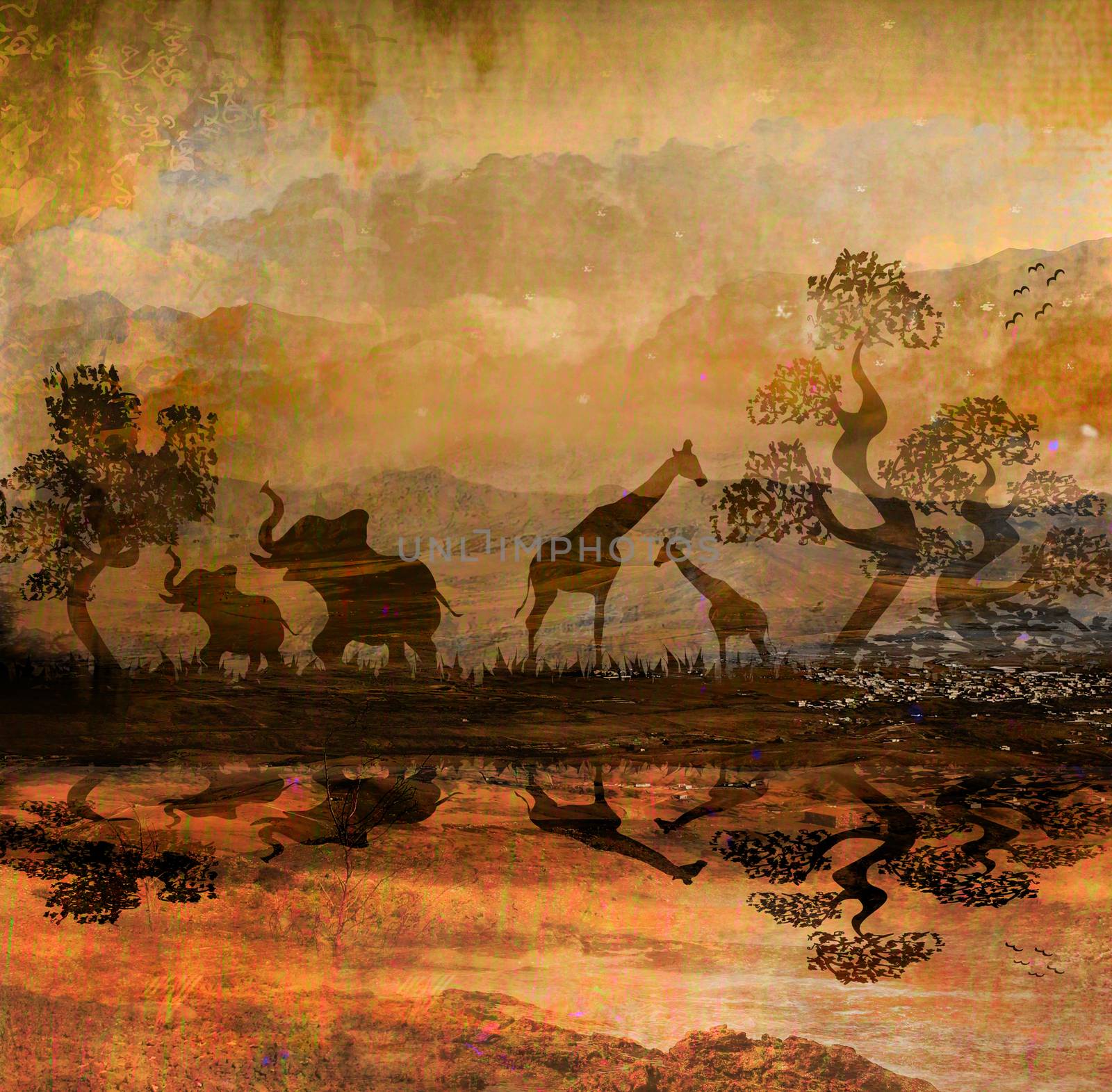 Safari in Africa silhouette of wild animals reflection in water