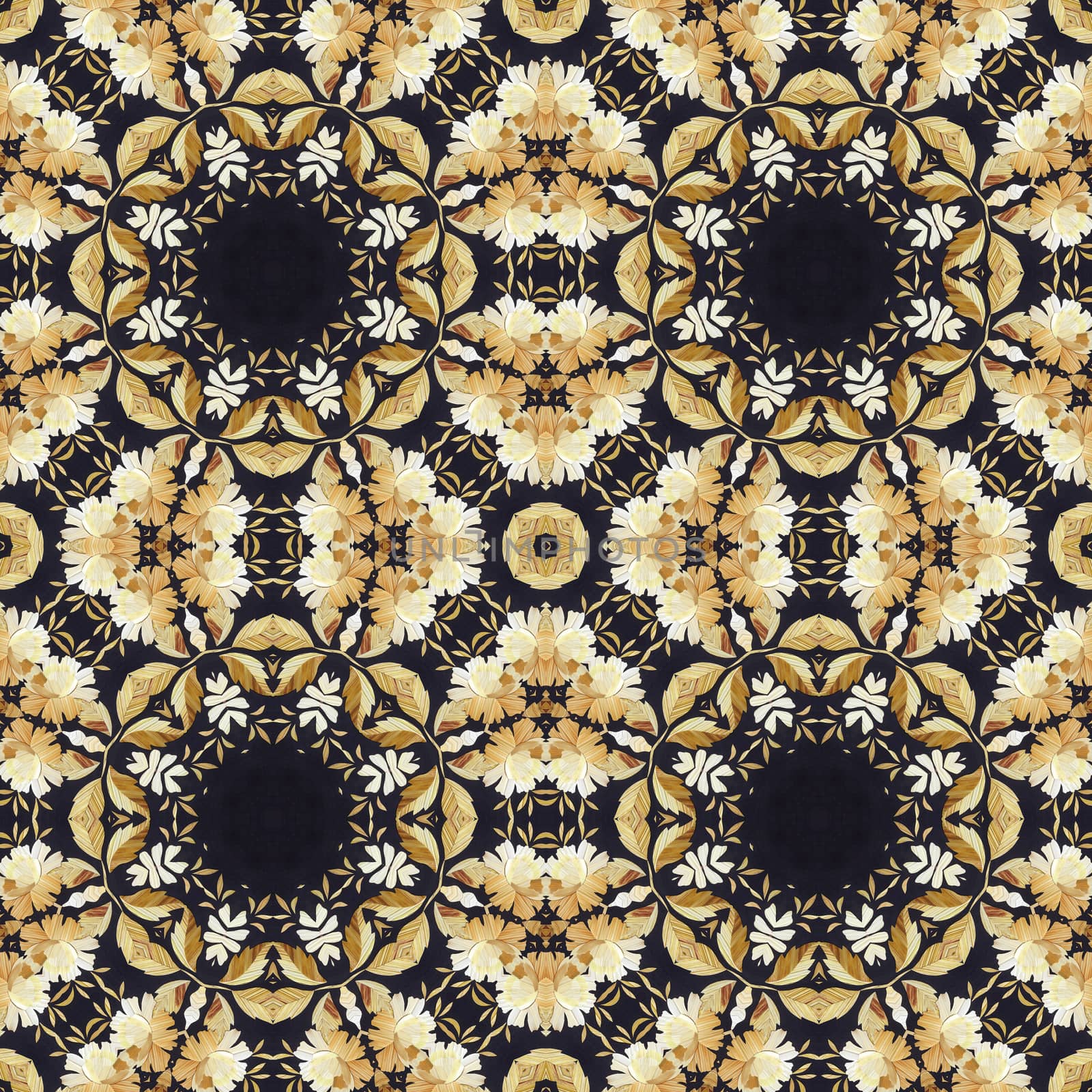 Abstract seamless artistic pattern, floral ornament, handmade applique from painted straw and bark on a black fabric background
