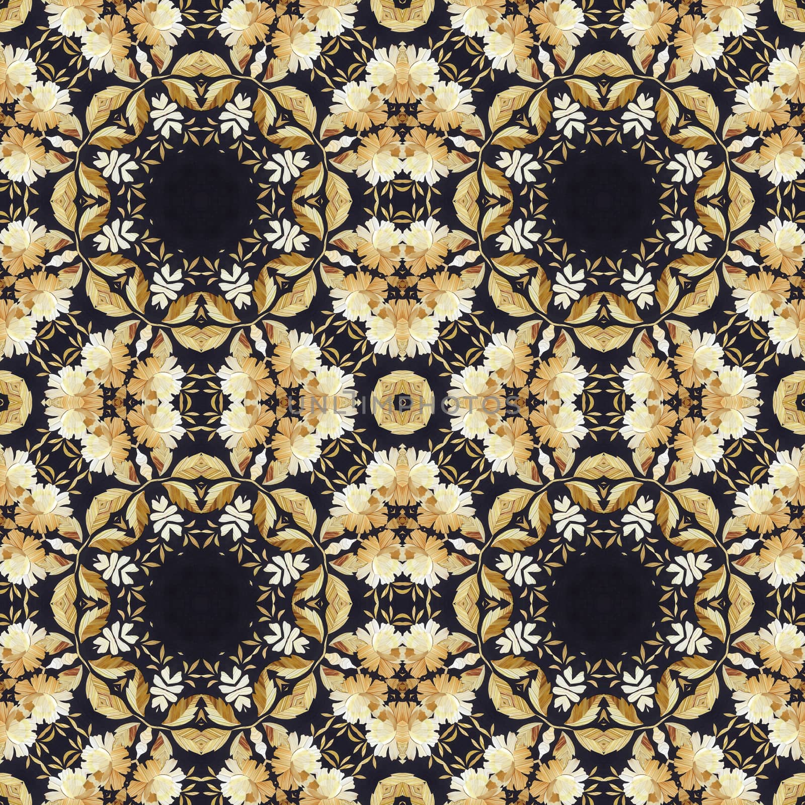 Abstract seamless artistic pattern, floral ornament, handmade applique from painted straw and bark on a black fabric background