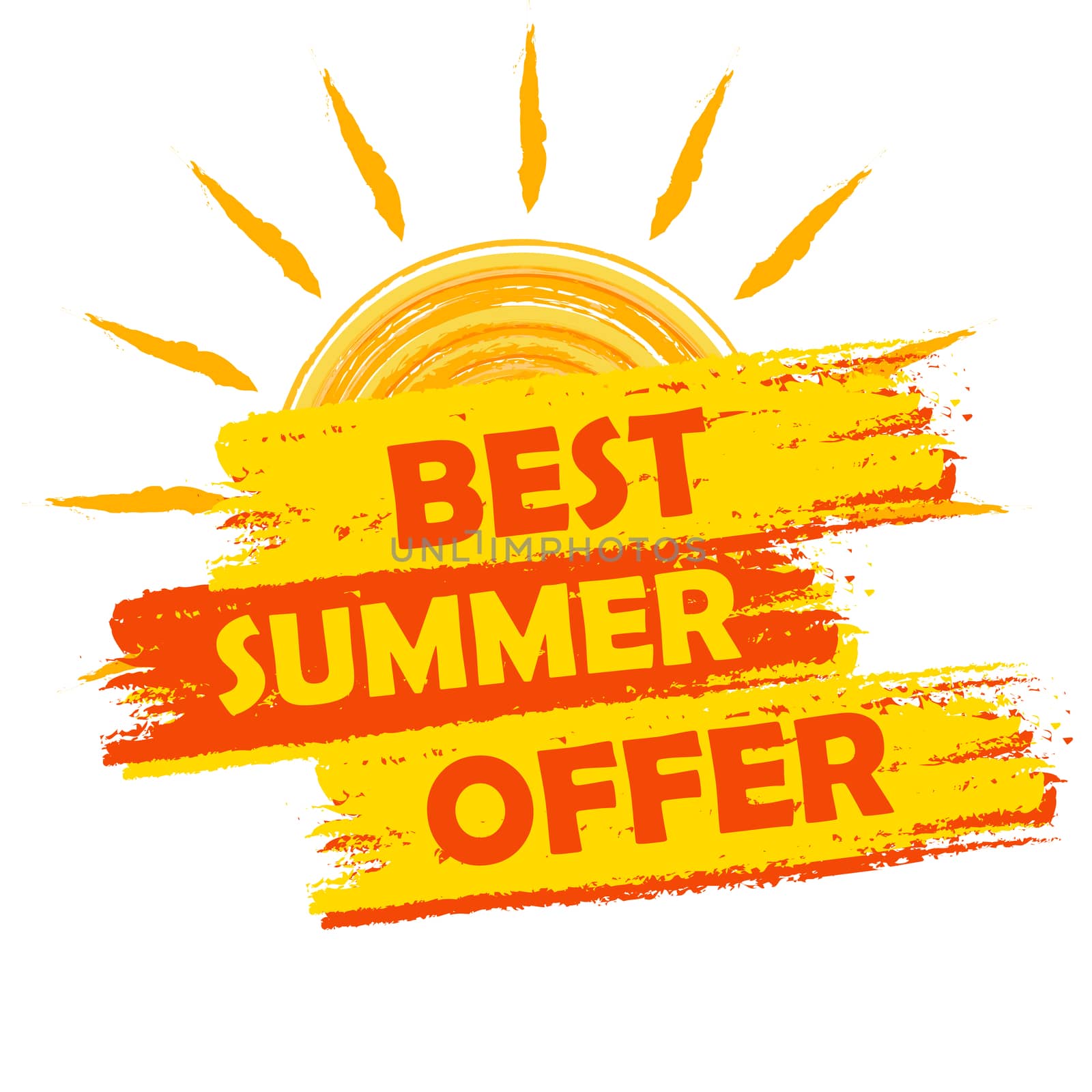best summer offer with sun sign, yellow and orange drawn label by marinini