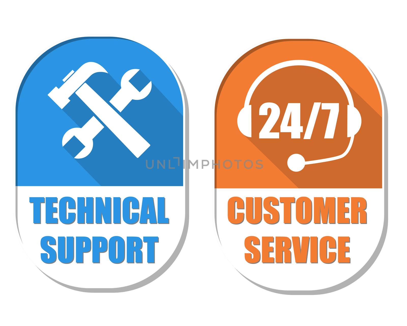 technical support with tools sign and 24/7 customer service with headset symbol, two elliptic flat design labels with icons, business attendance concept
