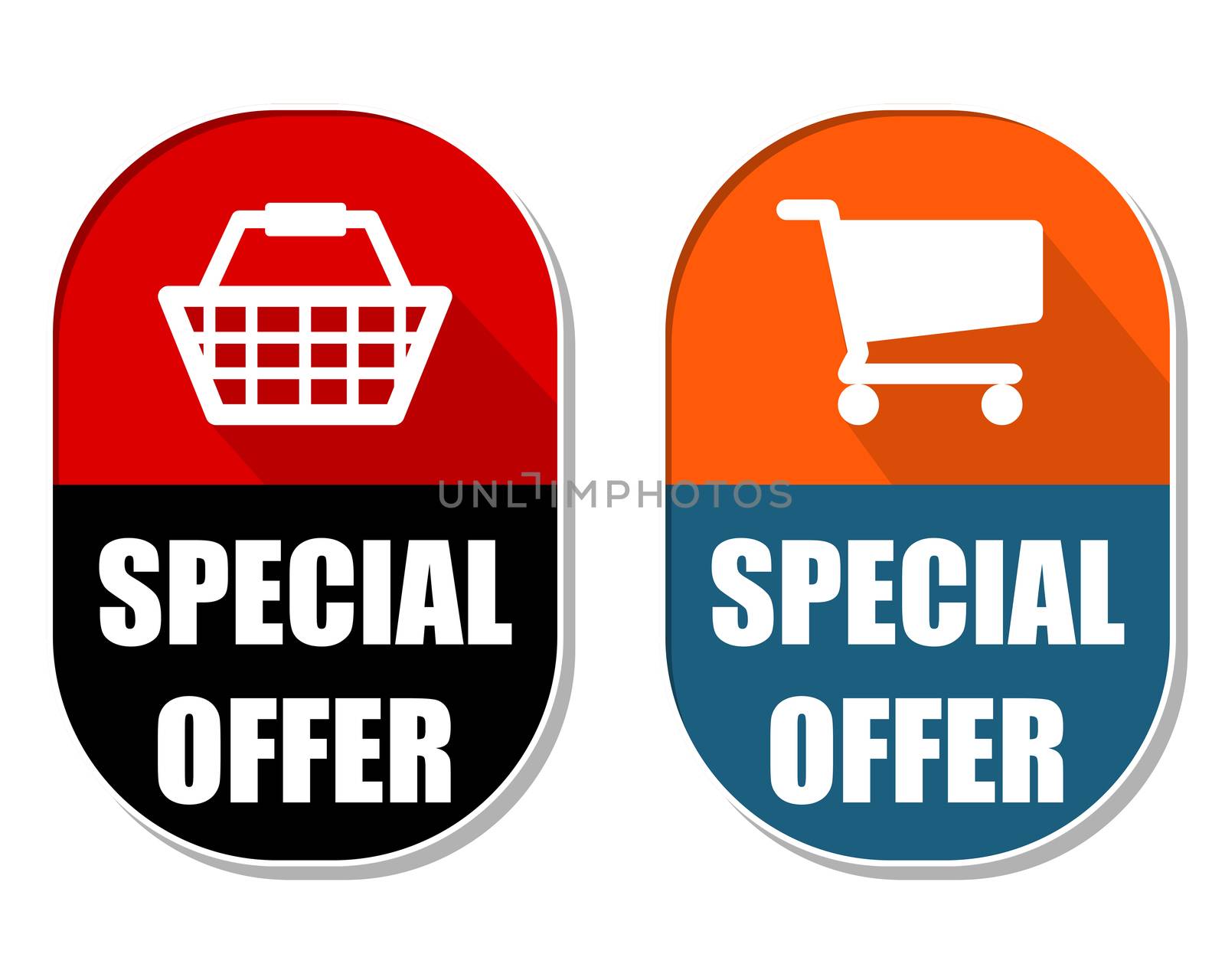 special offer with shopping basket and cart symbols, two elliptic flat design labels with icons, business commerce concept