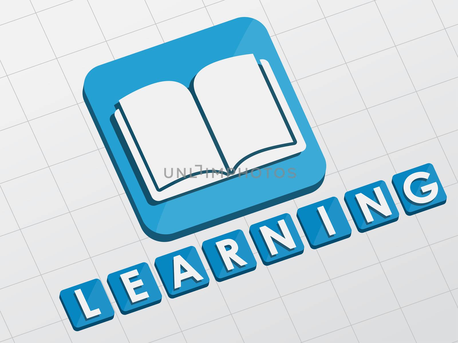 learning and book sign - white text with symbol in blue flat design blocks, education concept