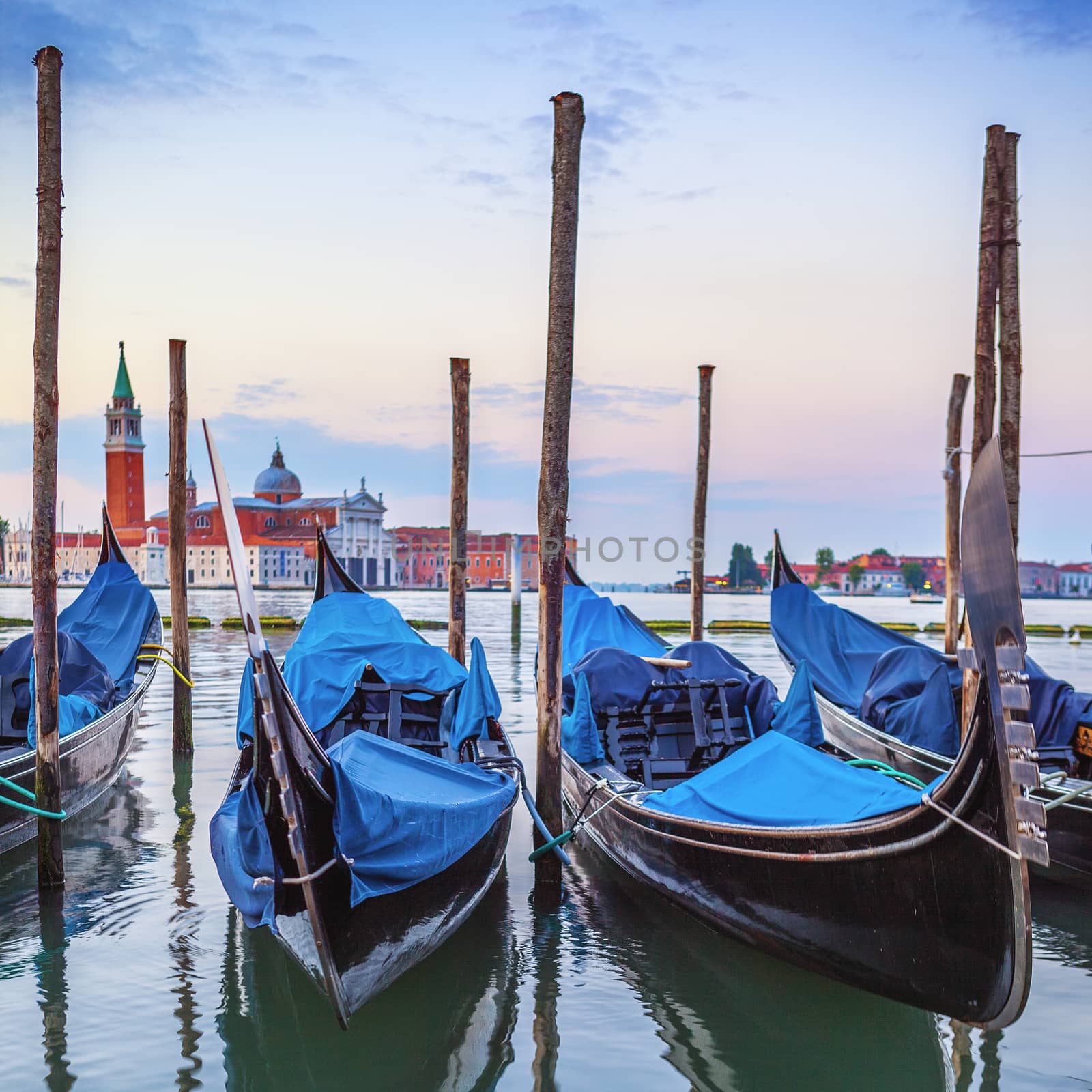 Gondolas in the Grand Canal at sunset by vwalakte