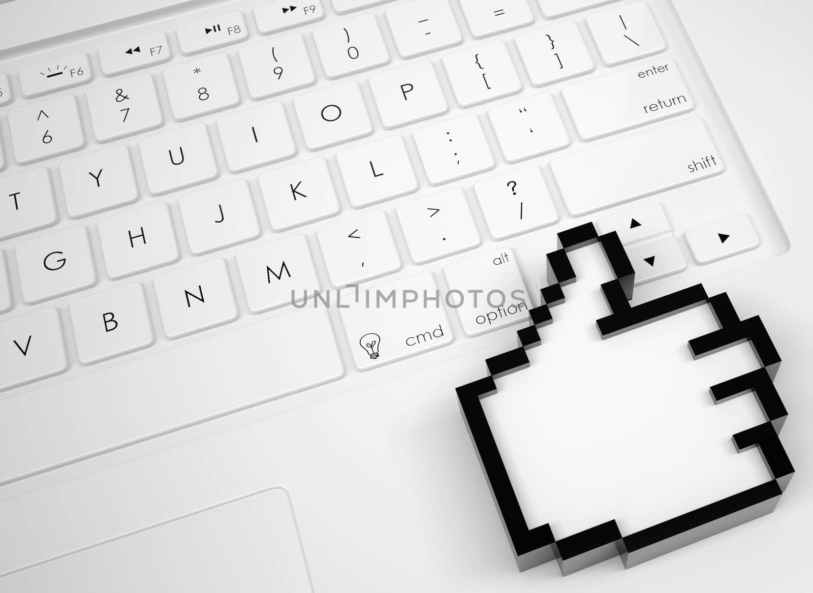 Pixelated thumb-up on the keyboard. View from above