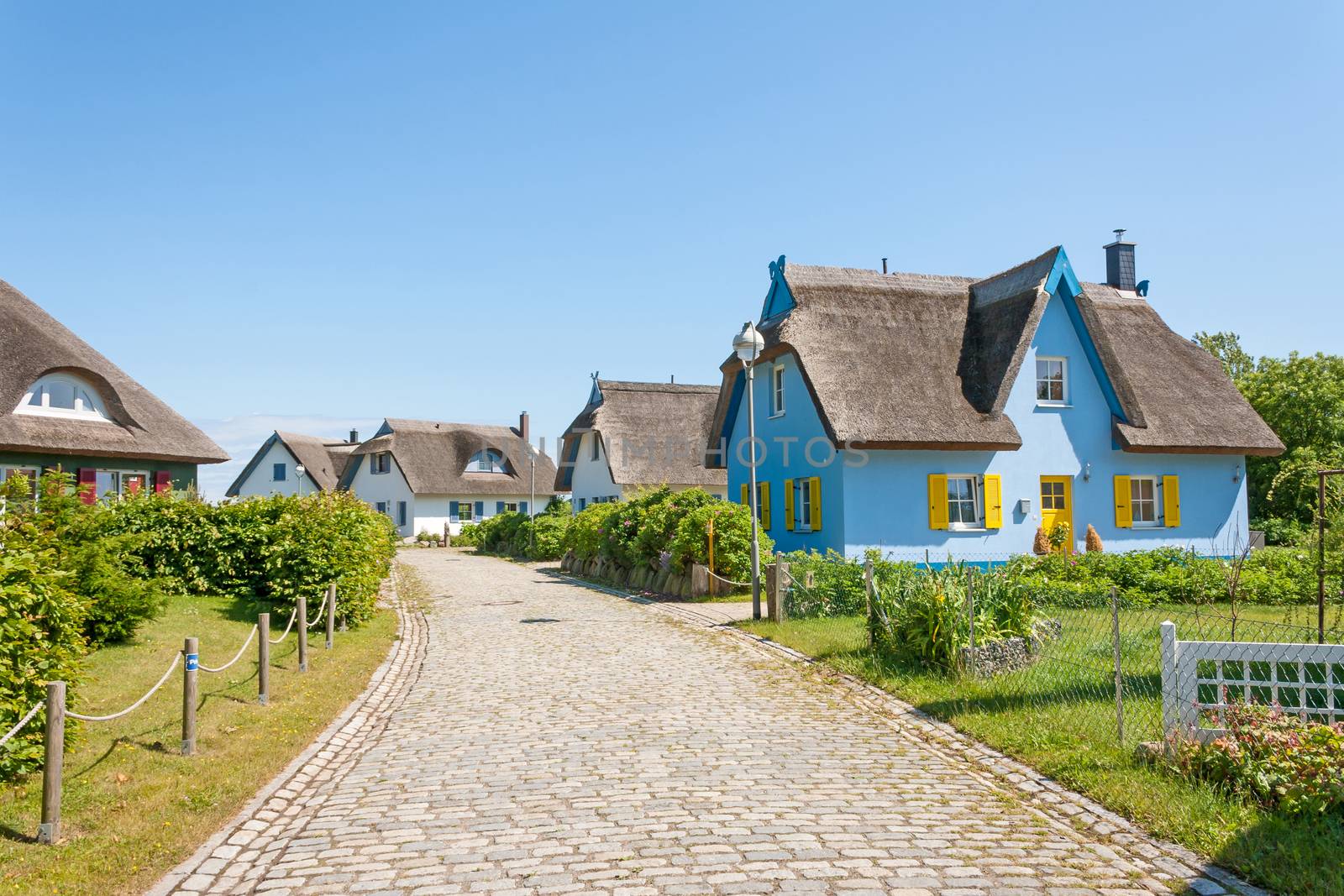 thatched-roof house settlement with cobbled stone street