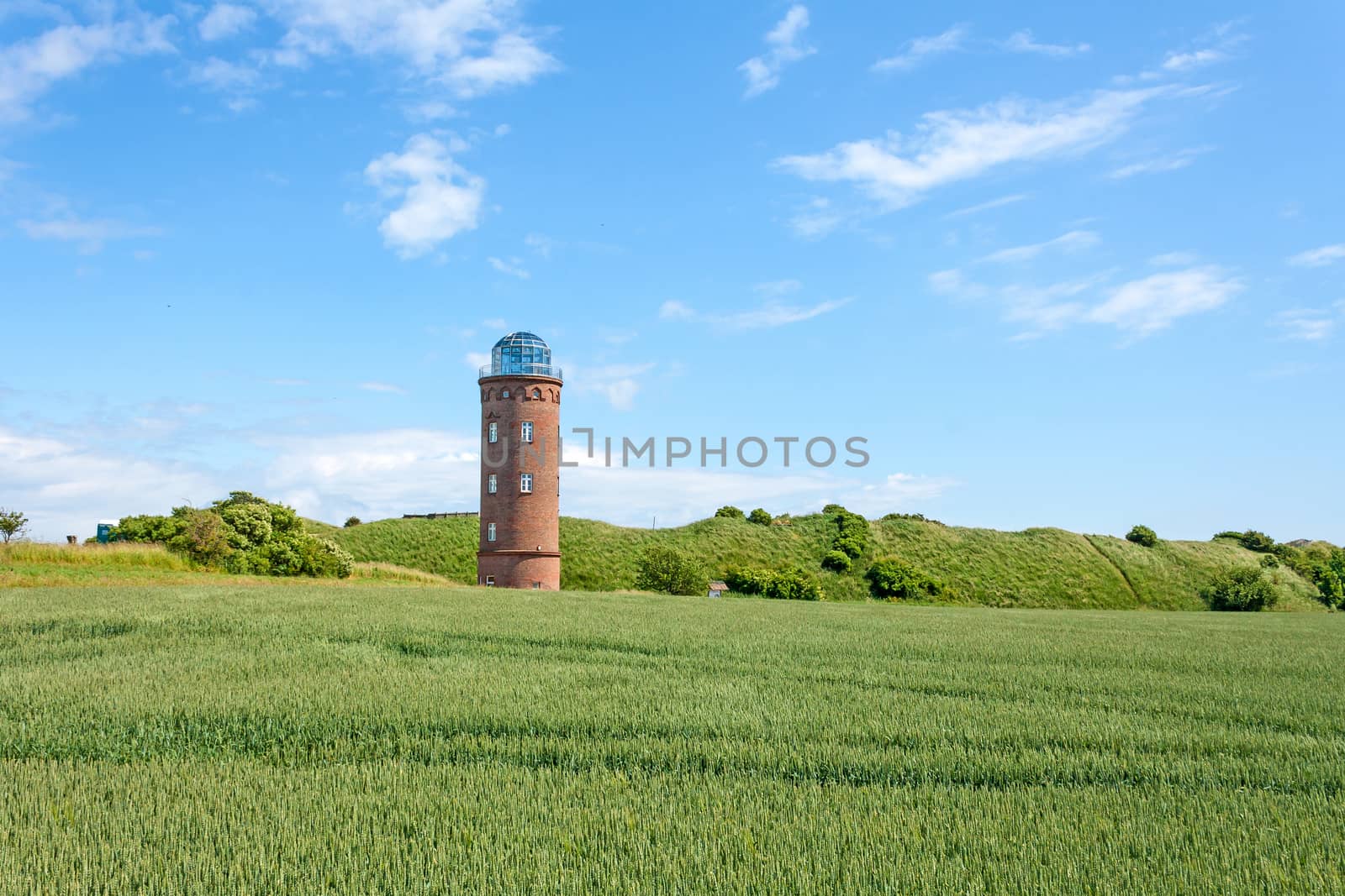 Peilturm at Kap Arkona, Island of Ruegen, Germany, green field