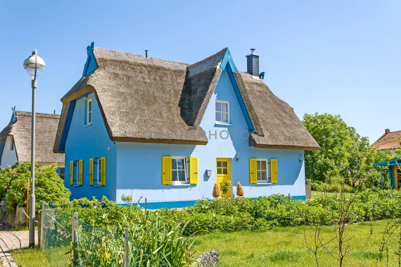 light-blue thatched-roof house with garden