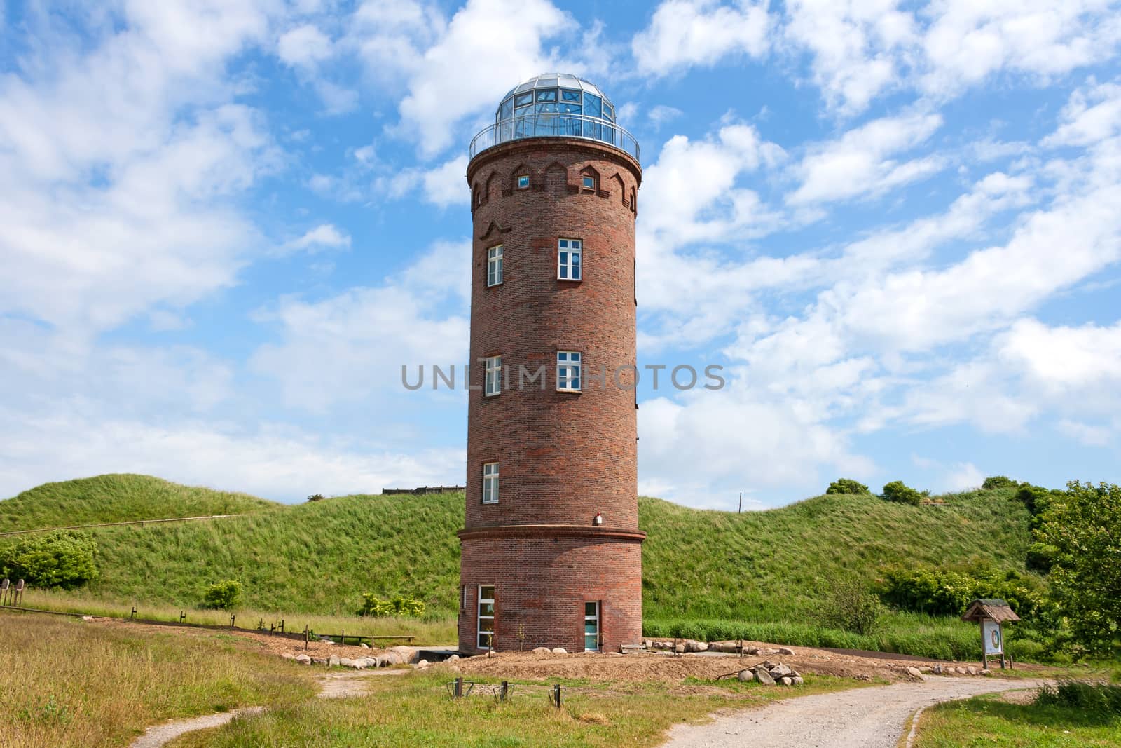 Peilturm at Kap Arkona, Island of Ruegen, Germany, green field