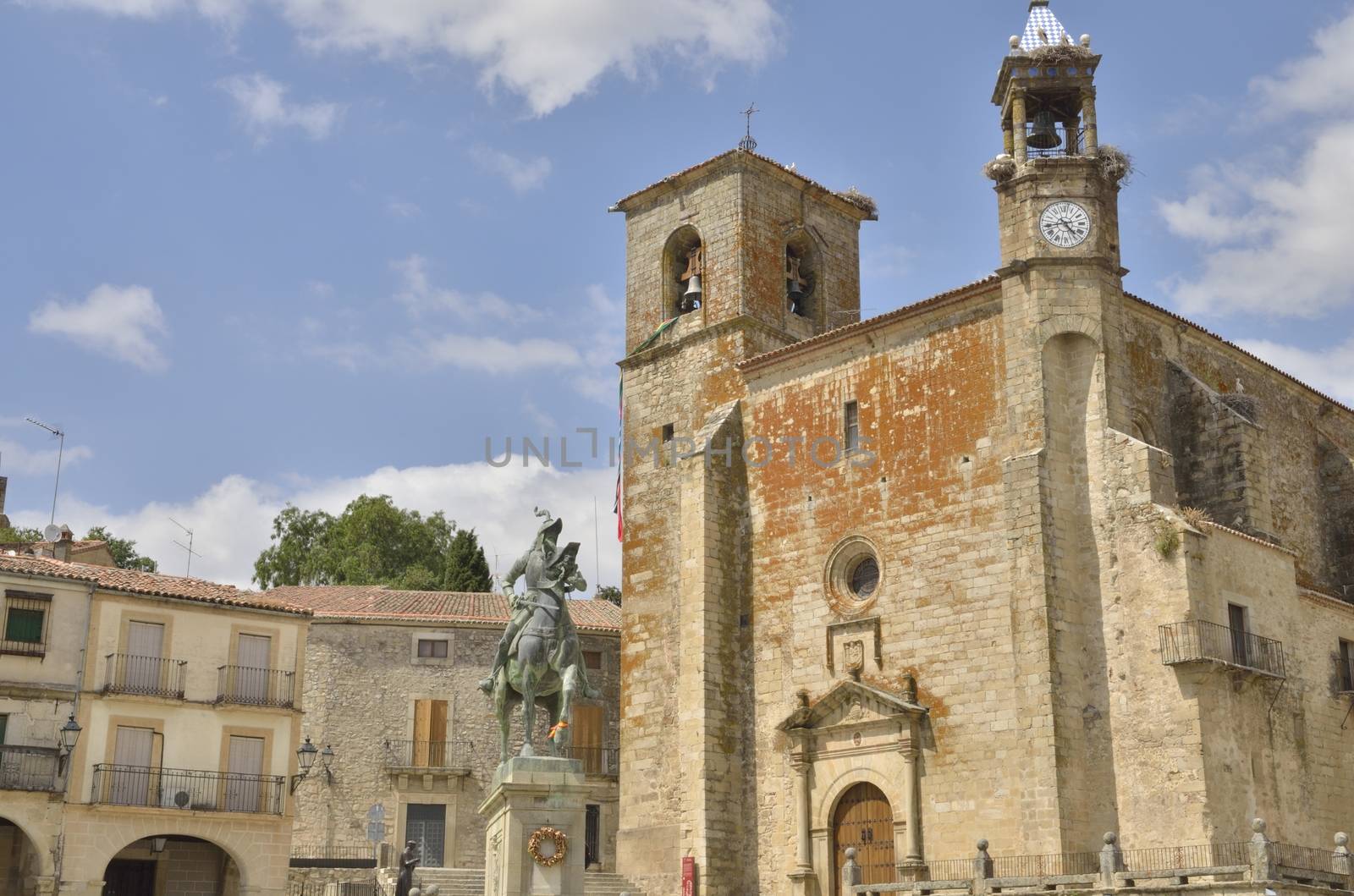 Equestrian statue of Francisco Pizarro, Spanish conqueror, in the main square of Trujillo, Caceres, Spain.