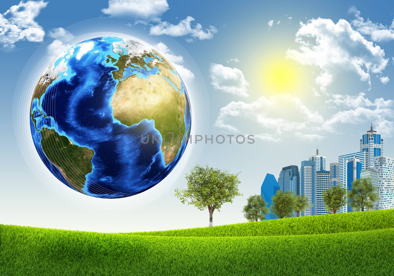 Earth, green grass and skyscrapers. Elements of this image are furnished by NASA