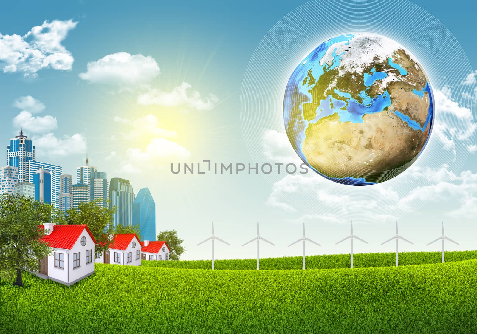 Earth, green grass and town. Architectural concept. Elements of this image are furnished by NASA