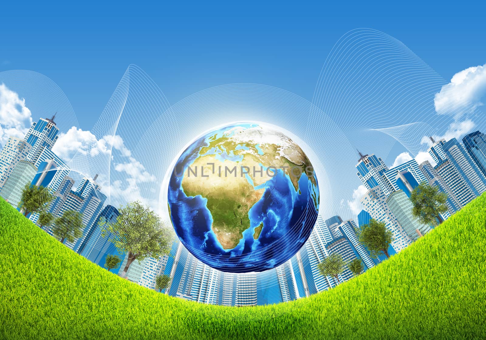 Earth, green grass and skyscrapers. Elements of this image are furnished by NASA