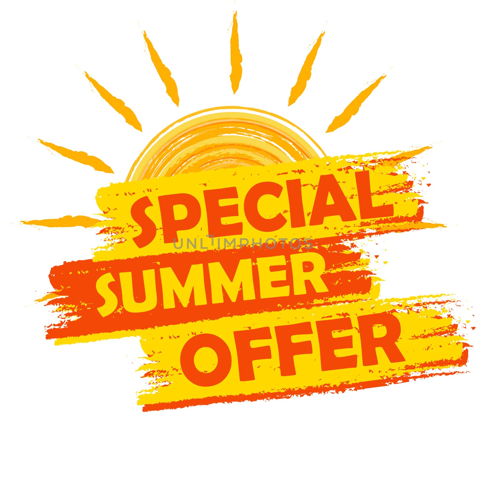 special summer offer banner - text in yellow and orange drawn label with sun symbol, business seasonal shopping concept