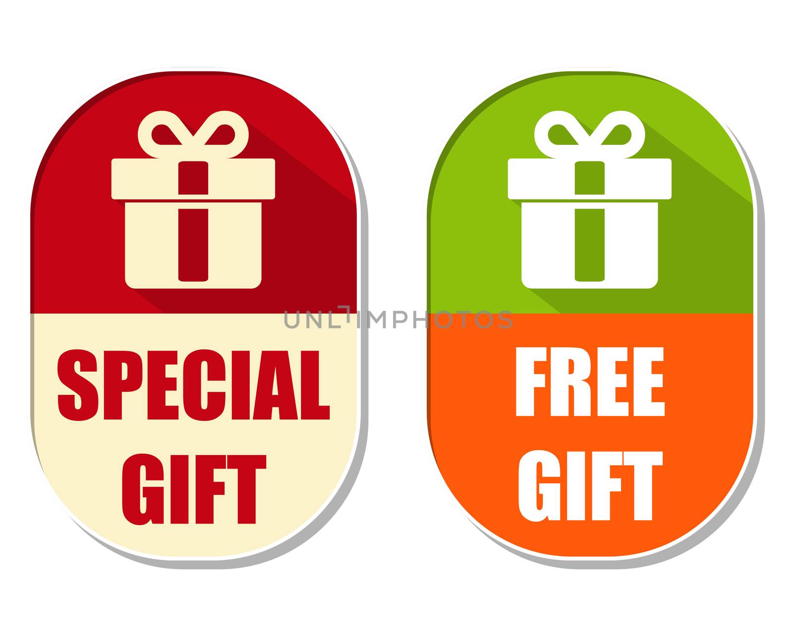 special and free gift with present box symbol, two elliptic flat design labels with icons, business holiday concept
