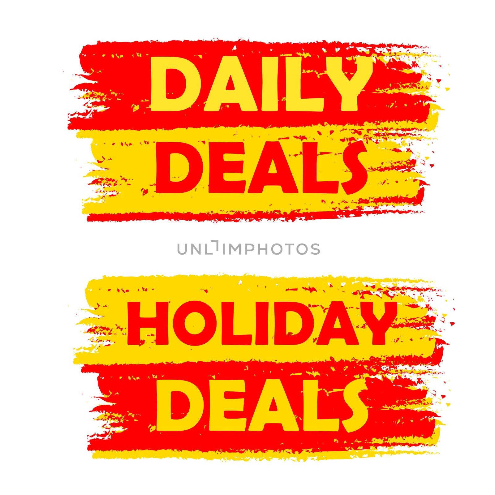daily and holiday deals banners - text in yellow and red drawn labels, business commerce shopping concept