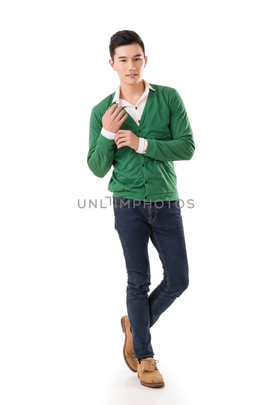 Handsome young Asian man with sweater, full length portrait isolated on white background.