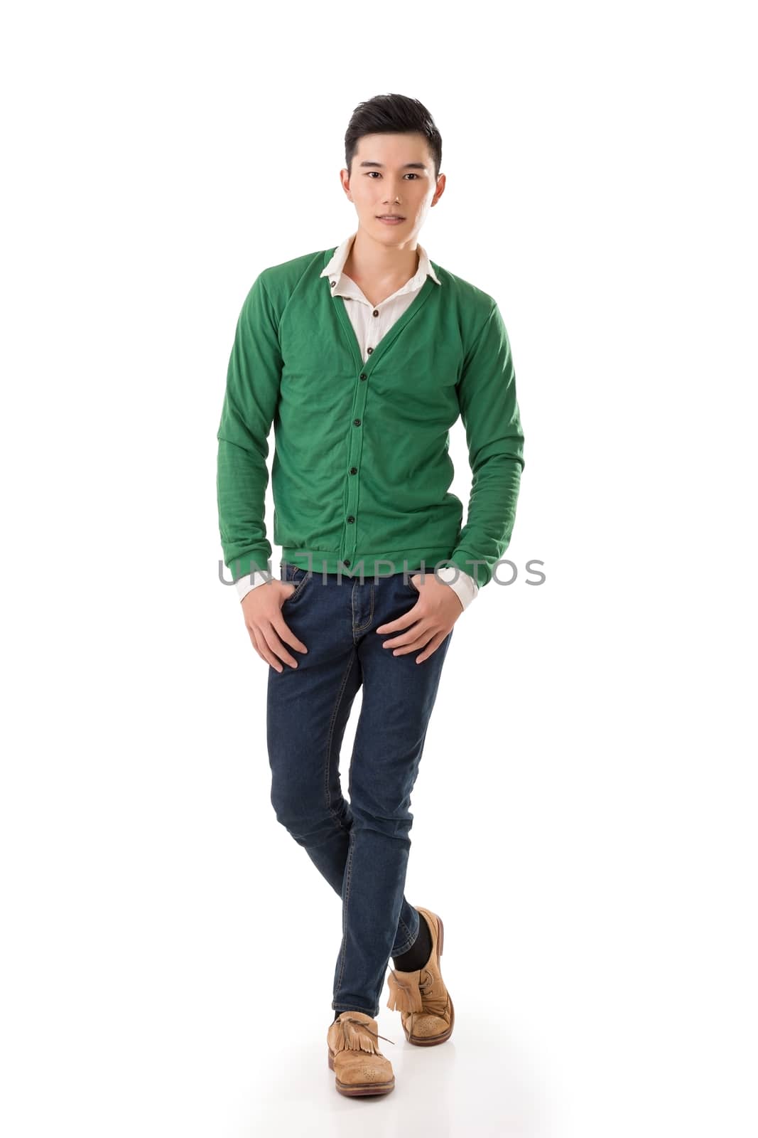 Handsome young Asian man with sweater, full length portrait isolated on white background.