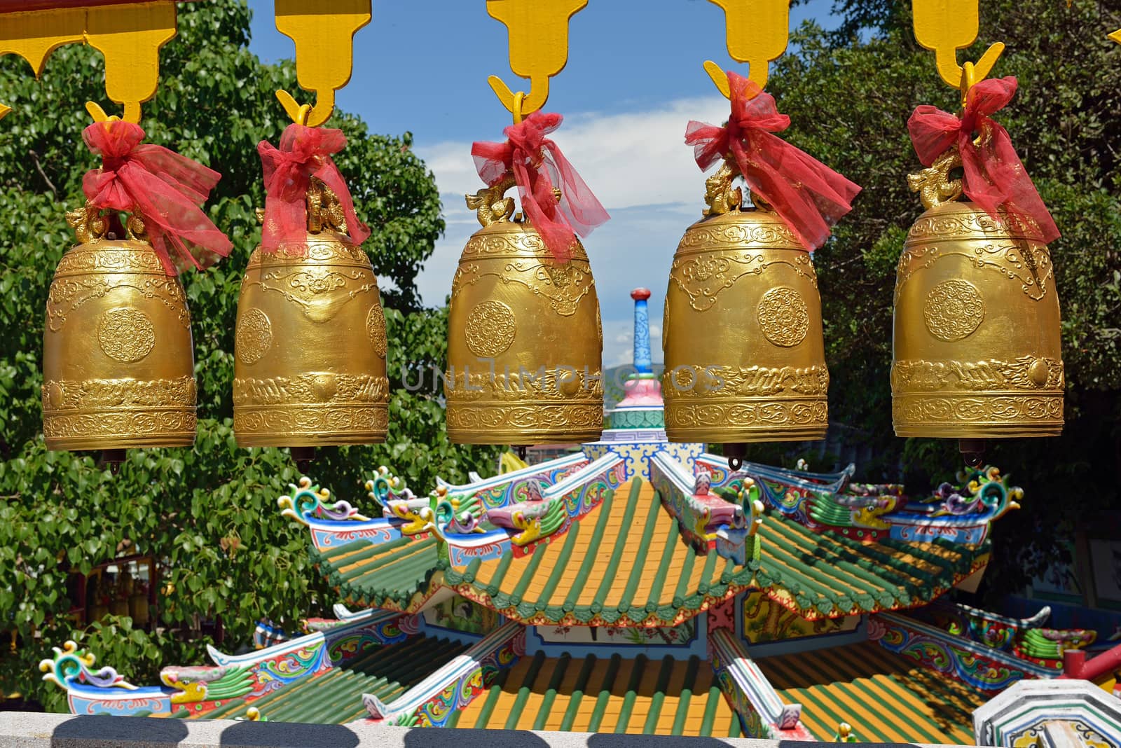 bells in a chinese temple in Choburi province, Thailand.