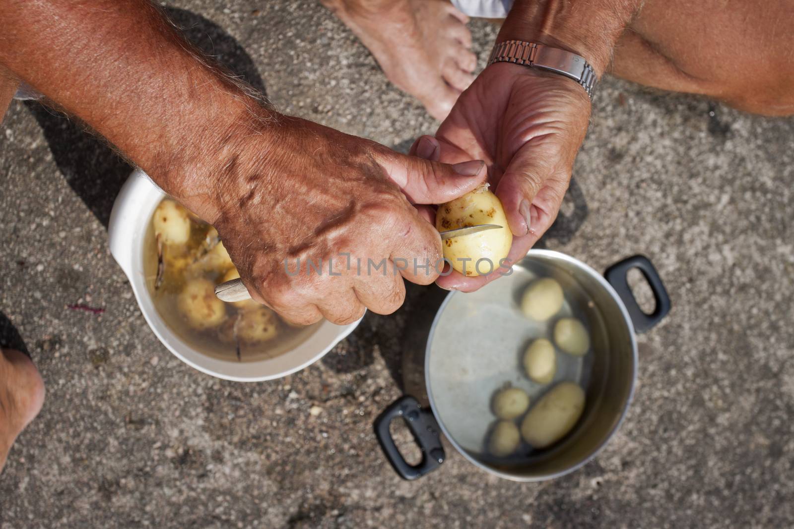 A man peeling early potatoes with a knife outdoors in Sweden, Scandinavia