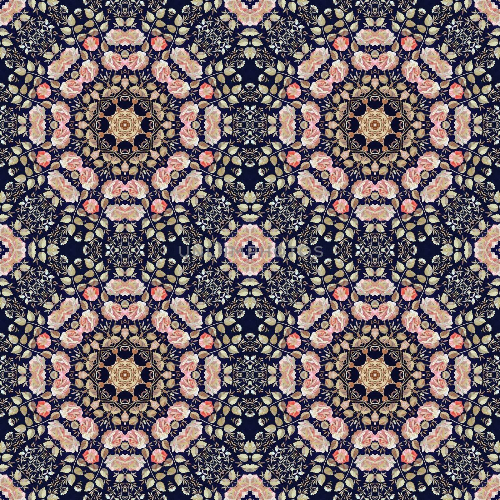 Abstract seamless artistic pattern, floral ornament, handmade applique from painted straw and bark on a black fabric background
