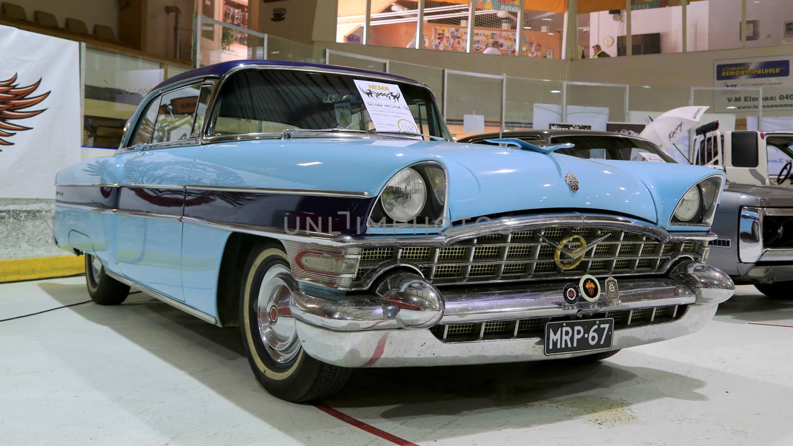 LOIMAA, FINLAND - JUNE 15, 2014: Blue Packard Executive 1956 vintage car presented at 
HeMa Show 2014 in Loimaa, Finland.