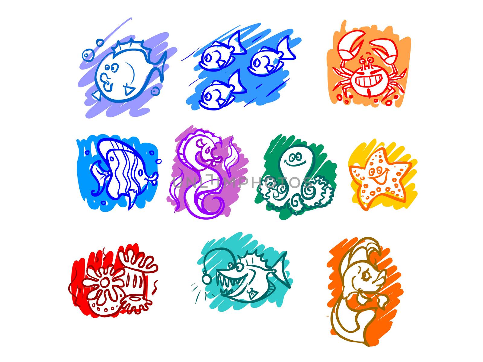 Cartoon illustration of marine life. Fish, seaweed, octopus, crab, sea monster. Outline drawing on a colored background