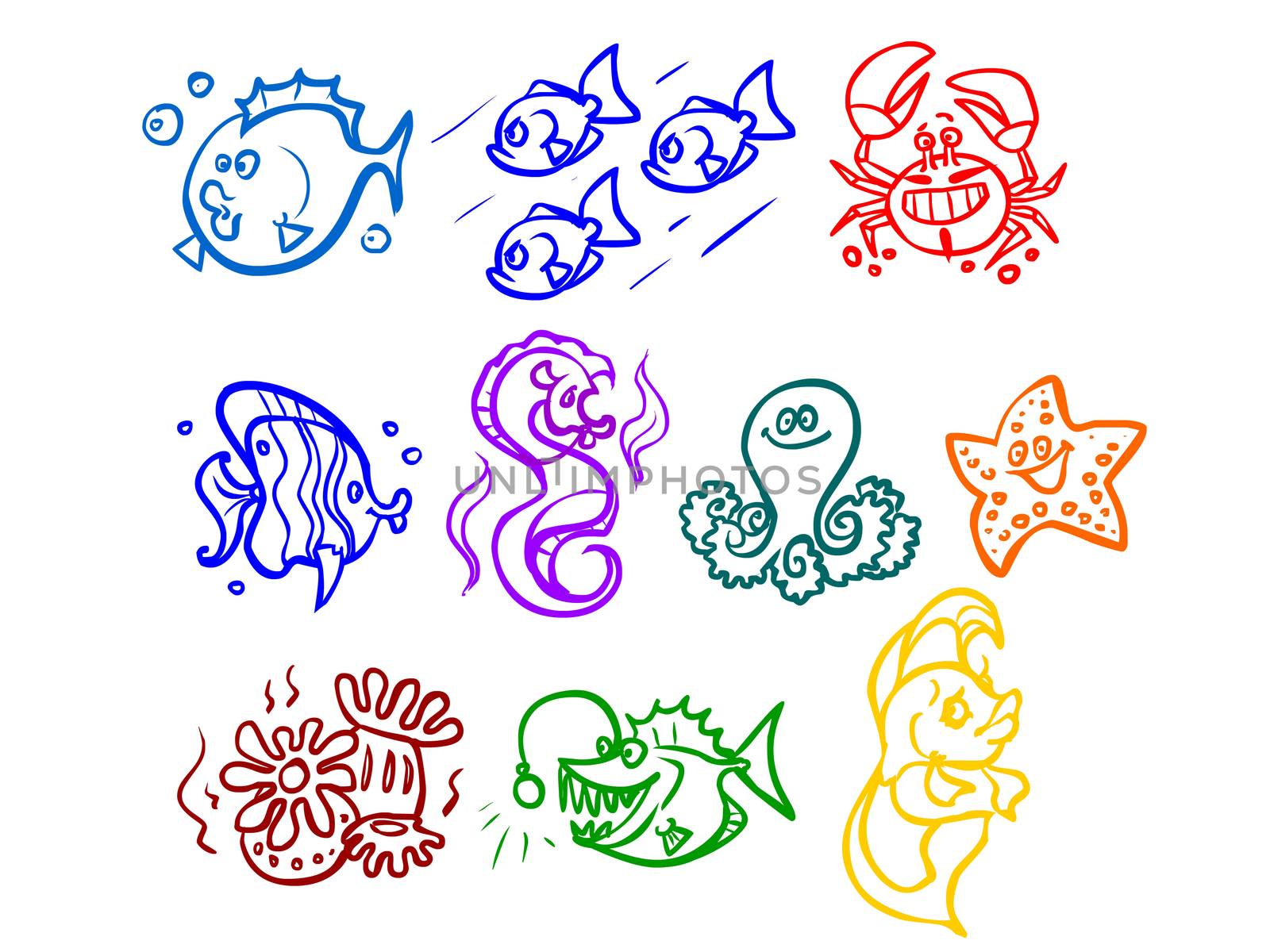 Cartoon illustration of marine life. Fish, seaweed, octopus, crab, sea monster. Outline drawing on a white background