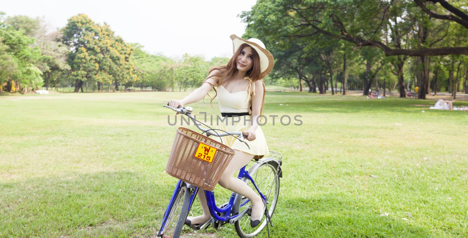 Woman riding a bicycle In the park Trees and peaceful