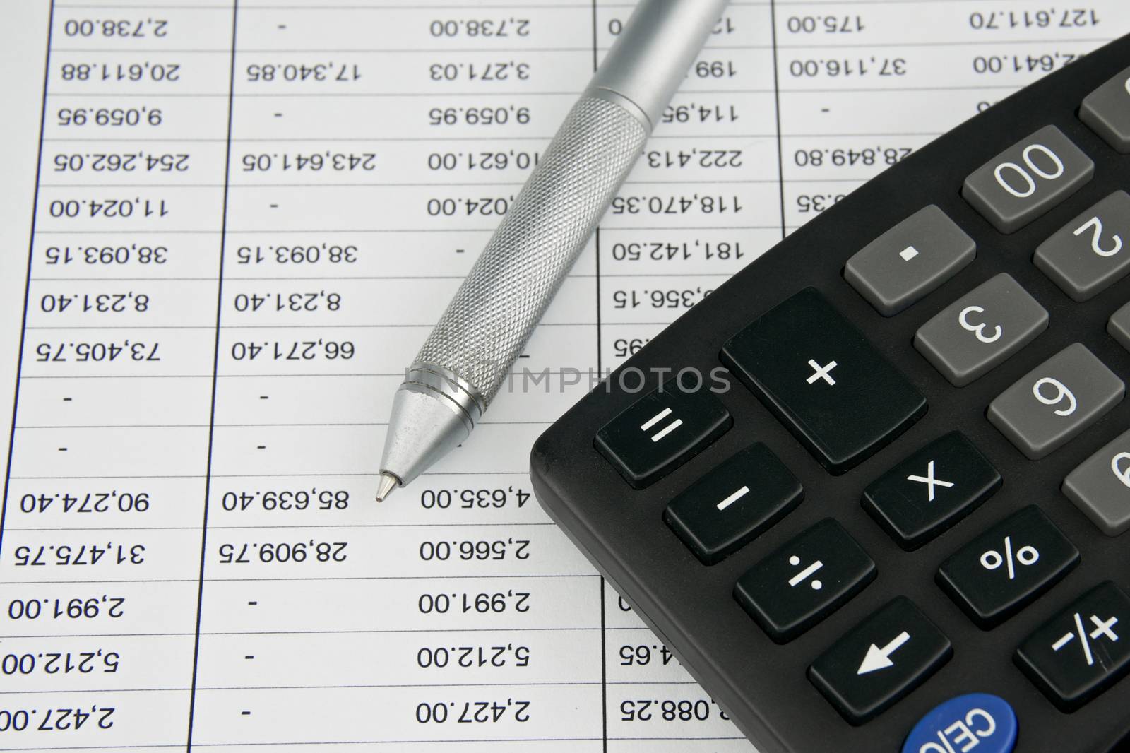 Black calculator place on finance account with ballpoint pen.
