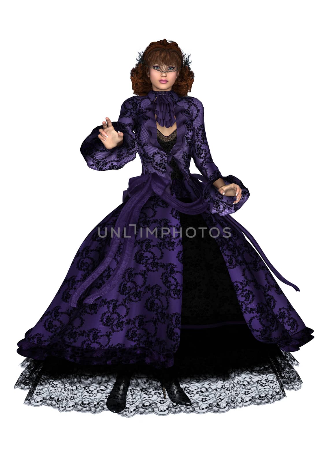 3D digital render of a beautiful vintage lady in a purple retro dress isolated on white background