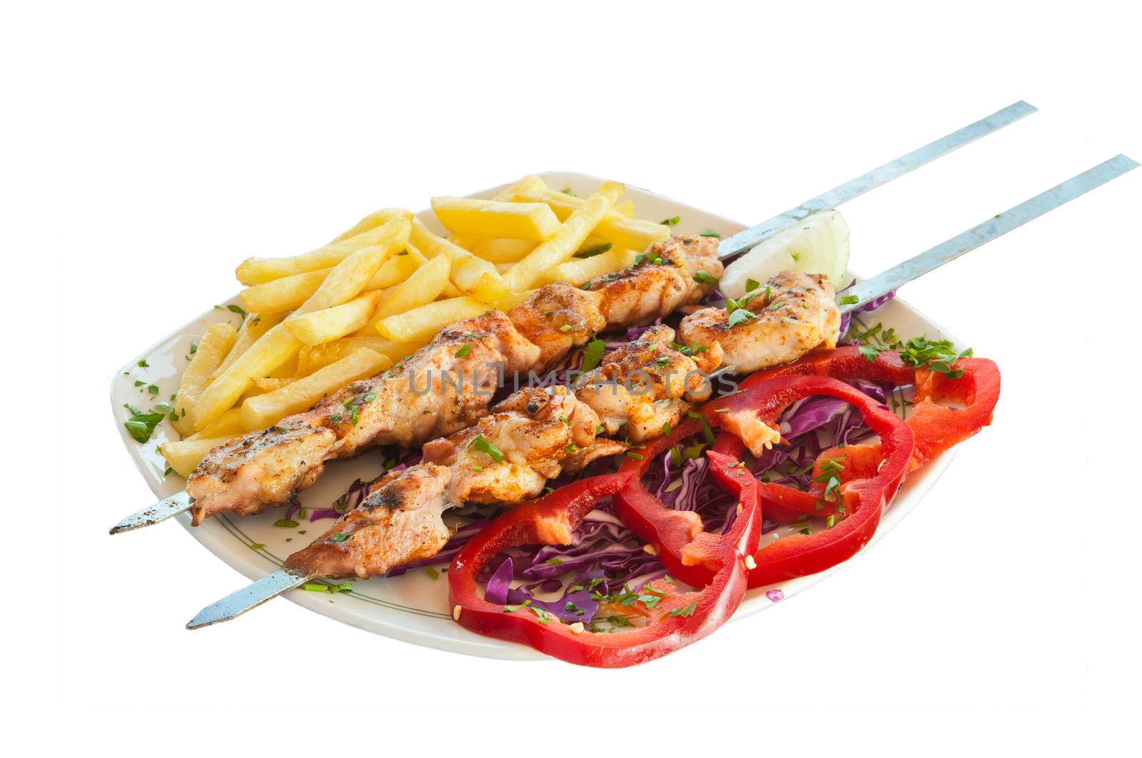 shish kebab on skewers with chips by ben44