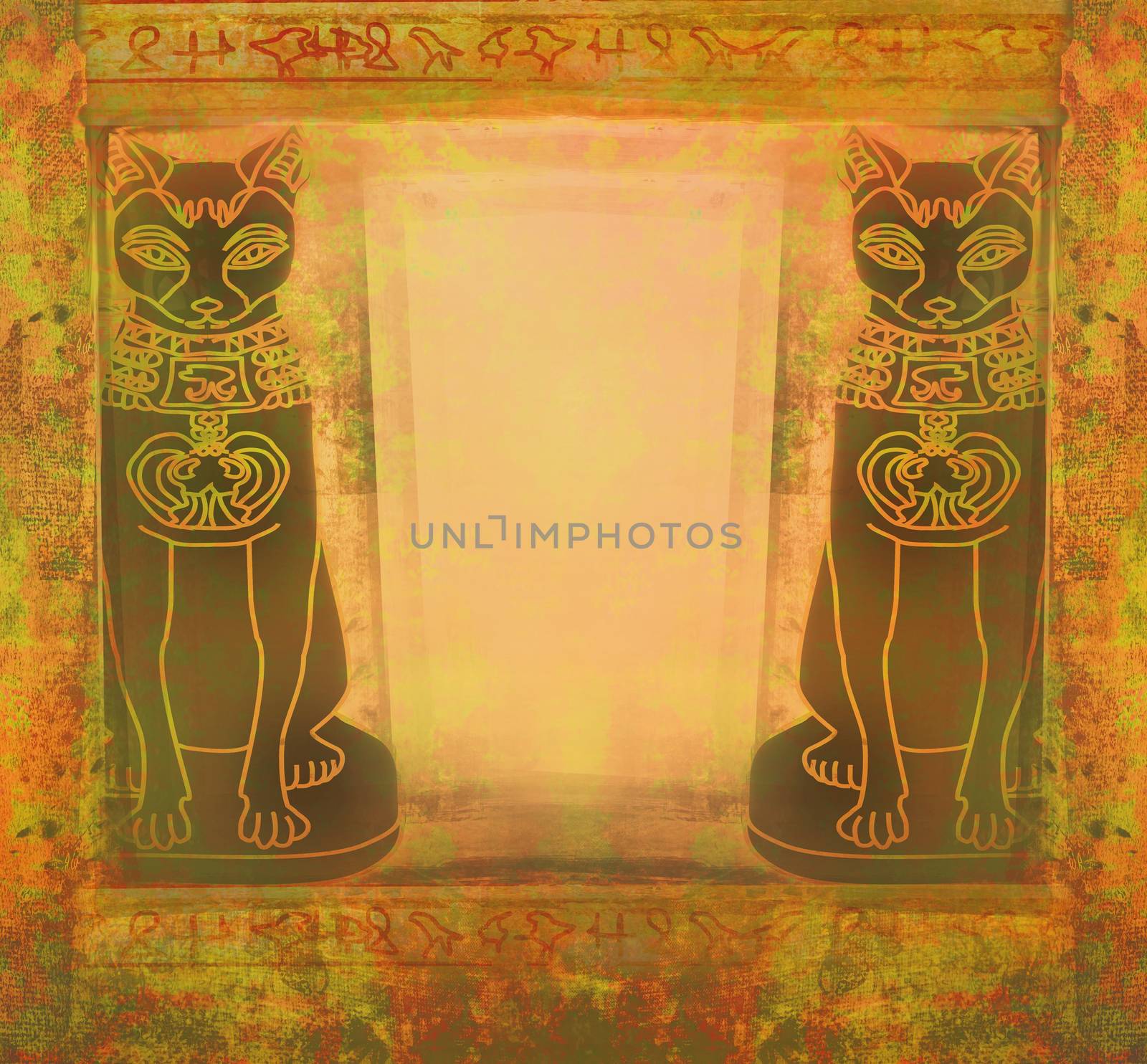 Stylized Egyptian cats - grunge frame