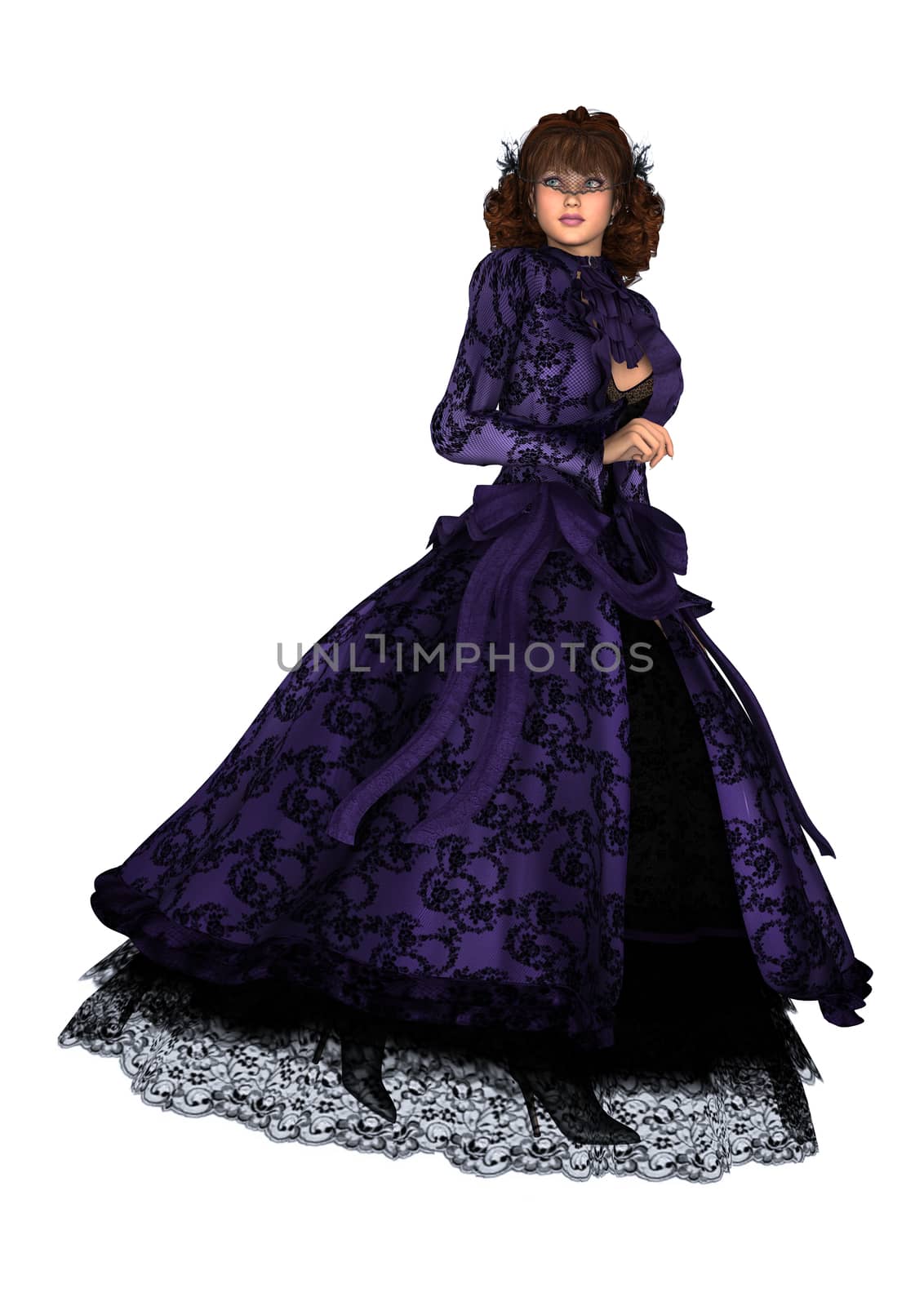 3D digital render of a beautiful vintage lady in a purple retro dress isolated on white background