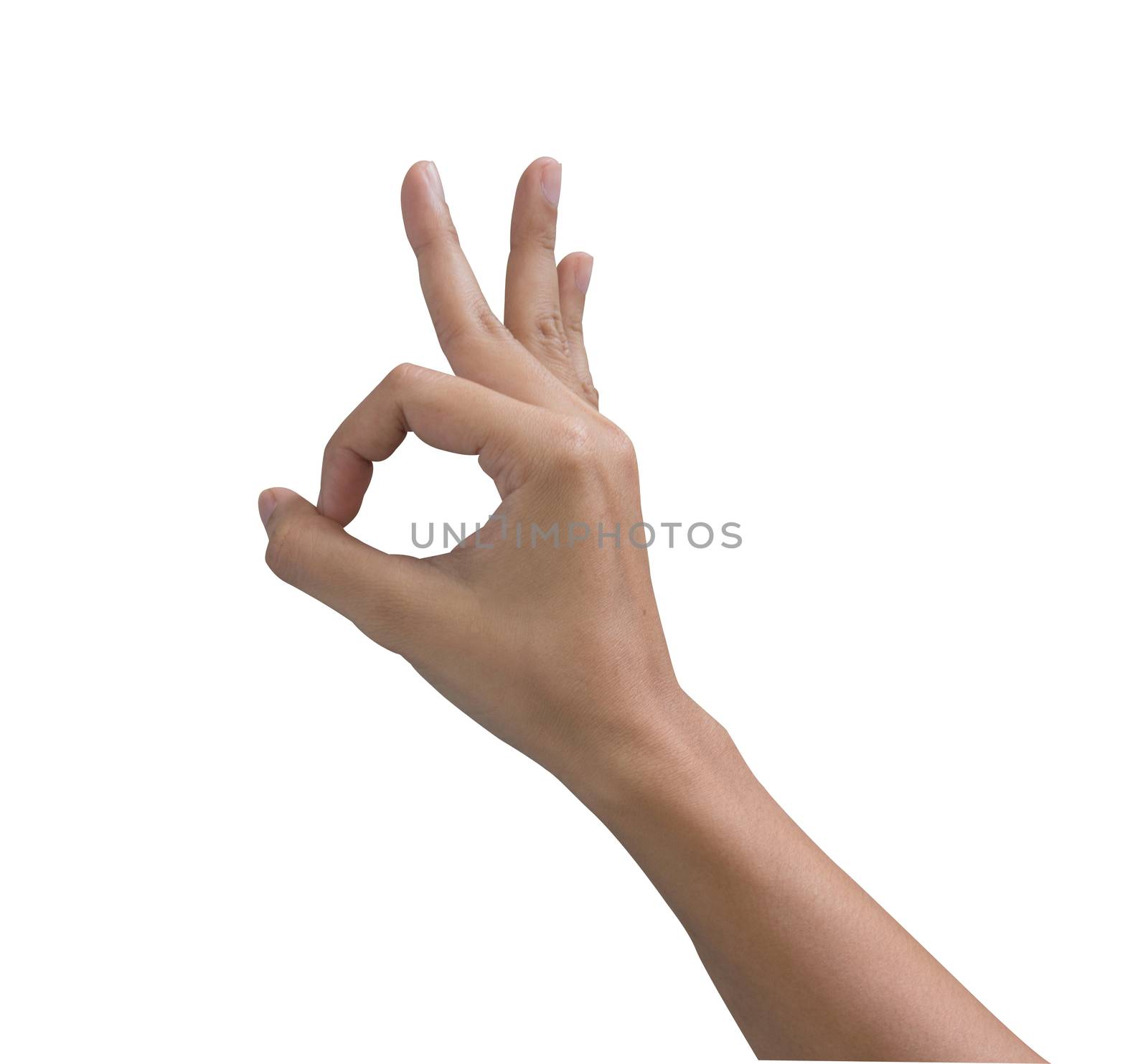Woman hand OK sign isolated on white background by kaisorn