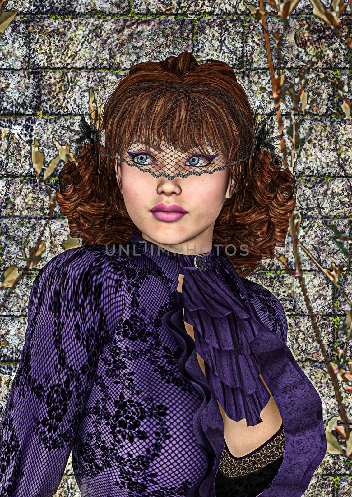 3D digital render of a beautiful vintage lady in a purple retro dresson a stone wall background, painting effect