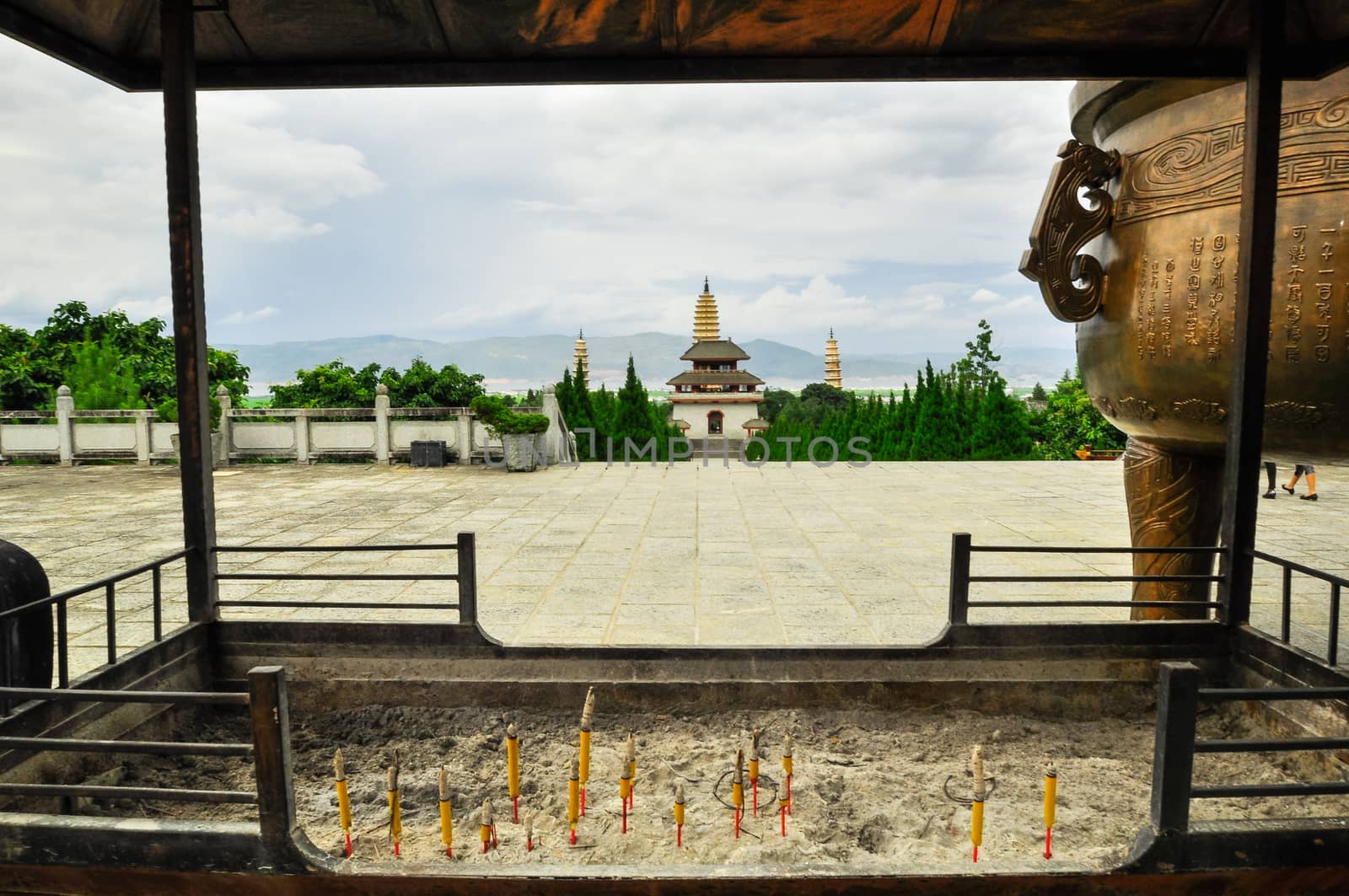 Rebuild Song dynasty town in dali, Yunnan province, China. Three pagodas and water with reflection