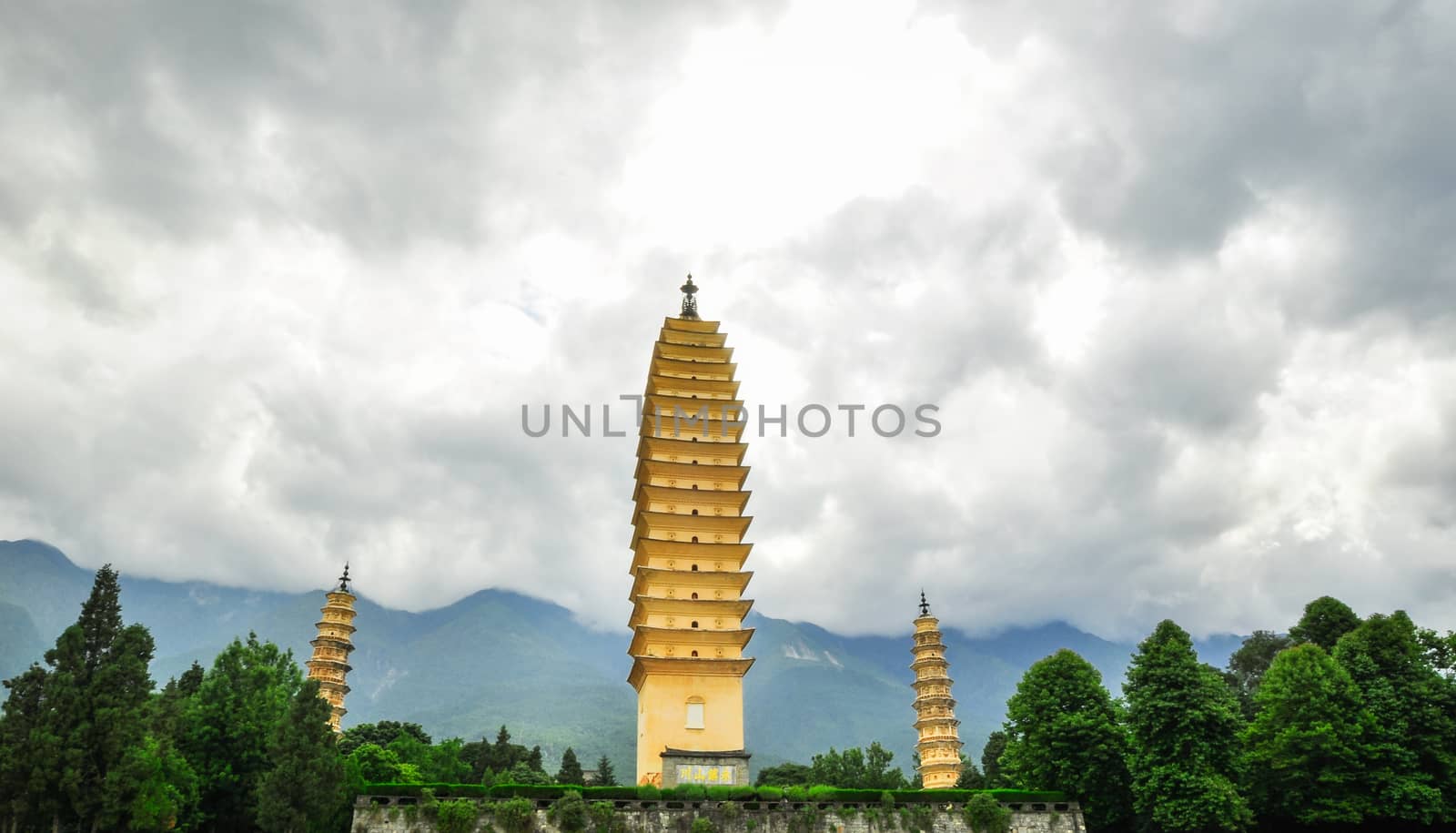 Rebuild Song dynasty town in dali, Yunnan province, China. Three pagodas and water with reflection