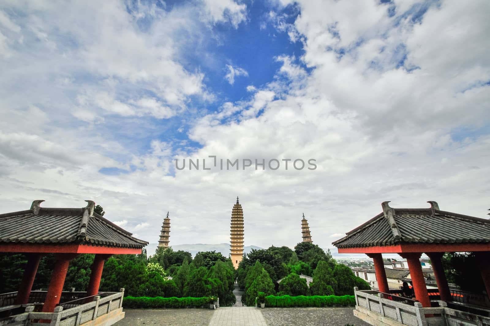 Rebuild Song dynasty town in dali, Yunnan province, China. Three pagodas and water with reflection