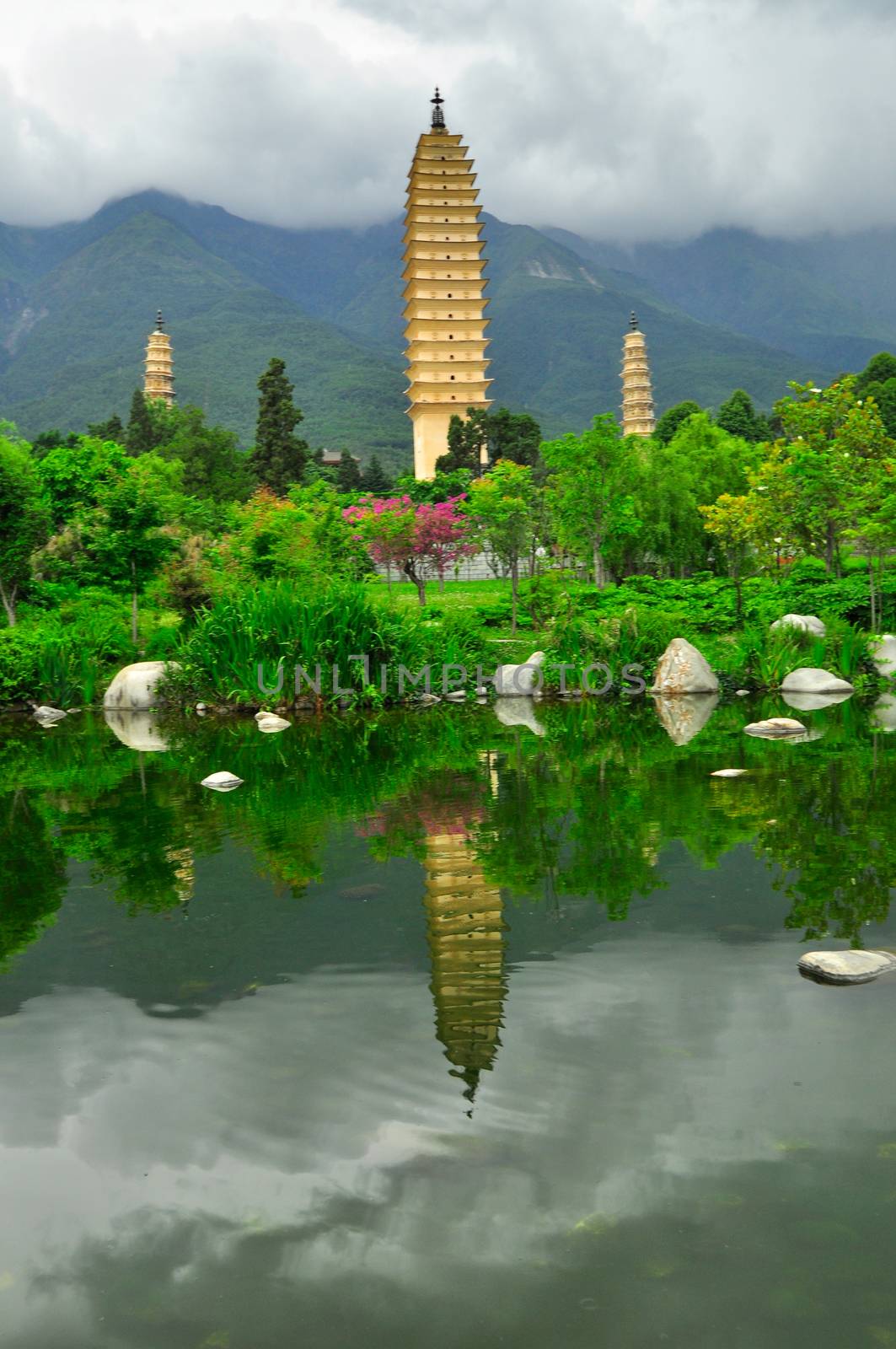 Rebuild Song dynasty town in dali, Yunnan province, China. Three pagodas and water with reflection