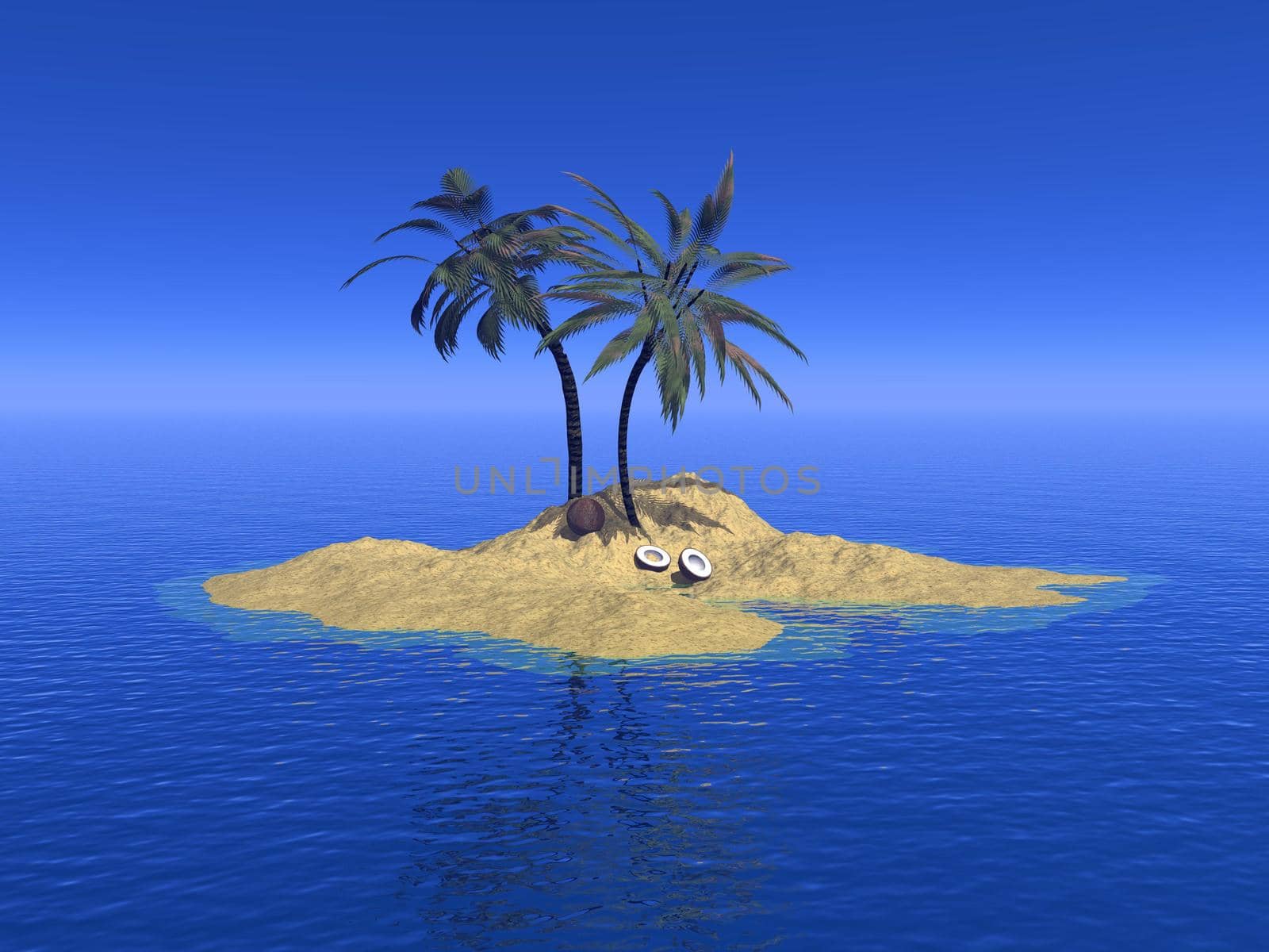 Beautiful island with palm trees and coconuts in the middle of ocean by blue day