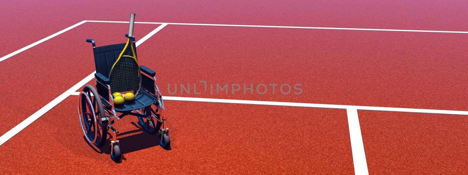 Wheelchair with racket and balls on a tennis court