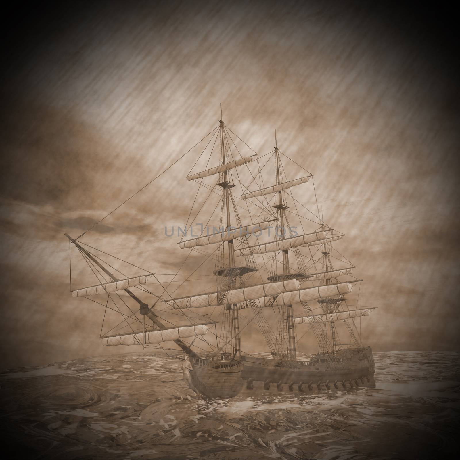 Old ship lost in the middle of a raining storm on ocean