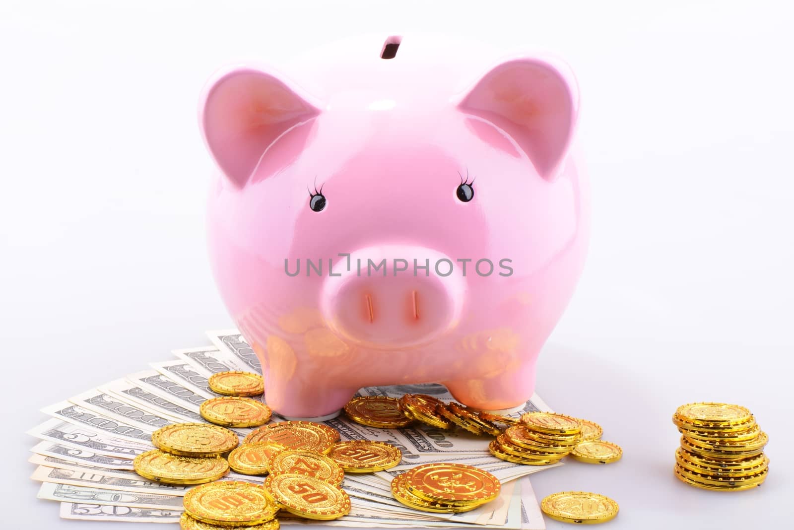 Piggy bank with gold coins and dollar banknotes by bbbar