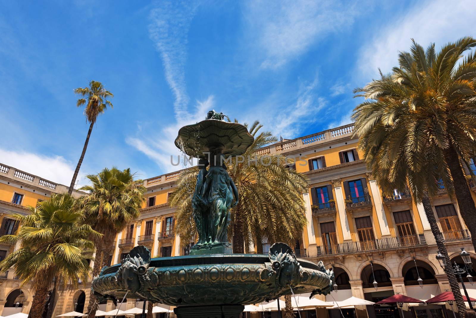 Bronze fountain in Placa Reial (in Spanish Plaza Real) meaning "Royal Plaza" is a square in the Barri Gotic of Barcelona, Catalonia, Spain. It lies next to La Rambla 