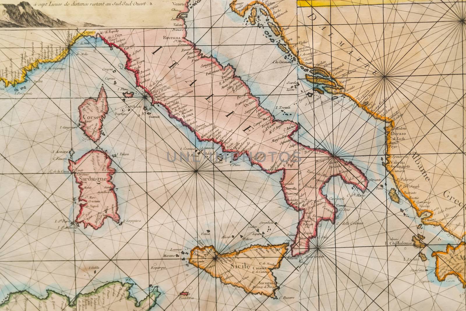 Old naval map of Italy, Sicily, Corsica and Sardinia