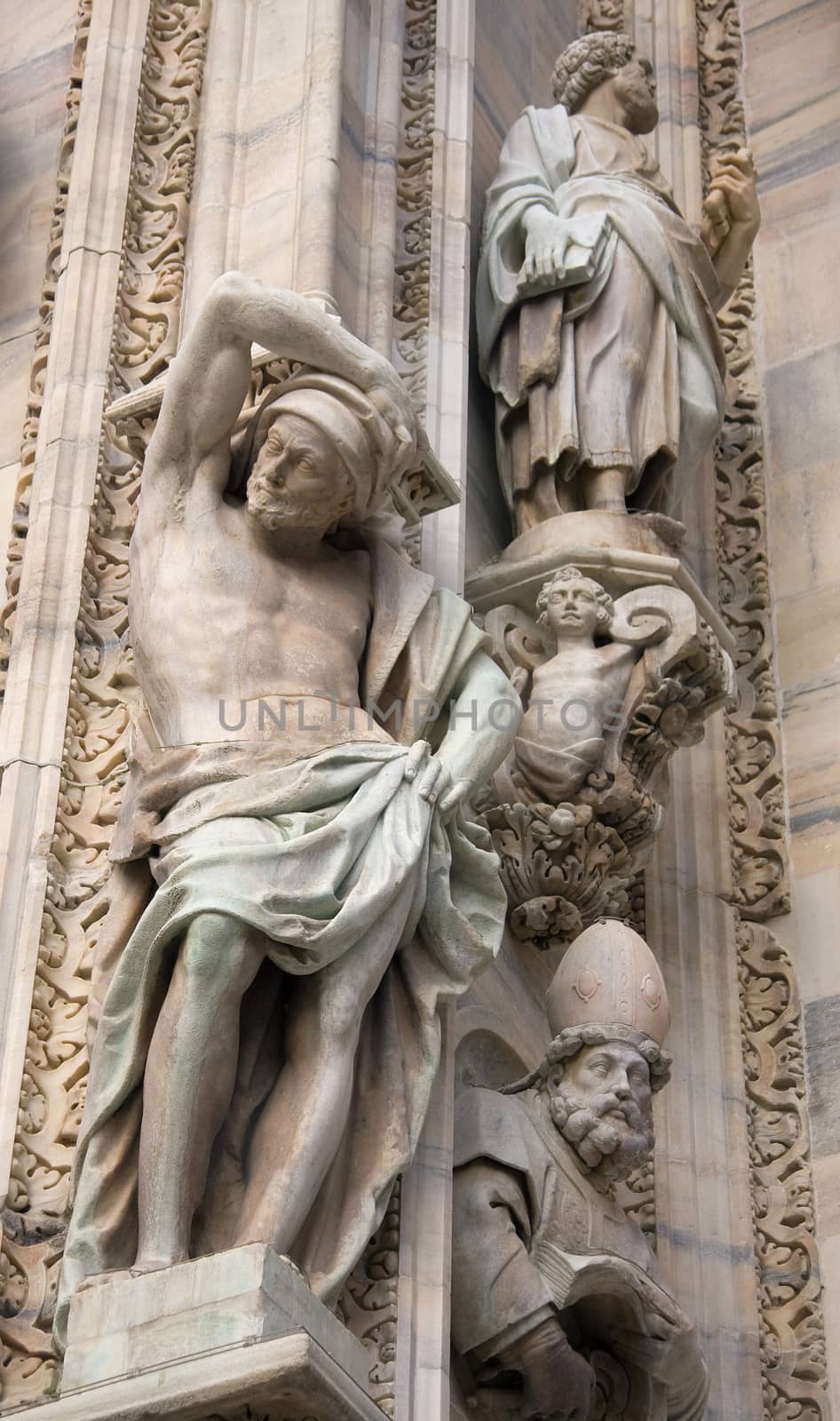 Sculptures on the Duomo, cathedral in Milan, Italy