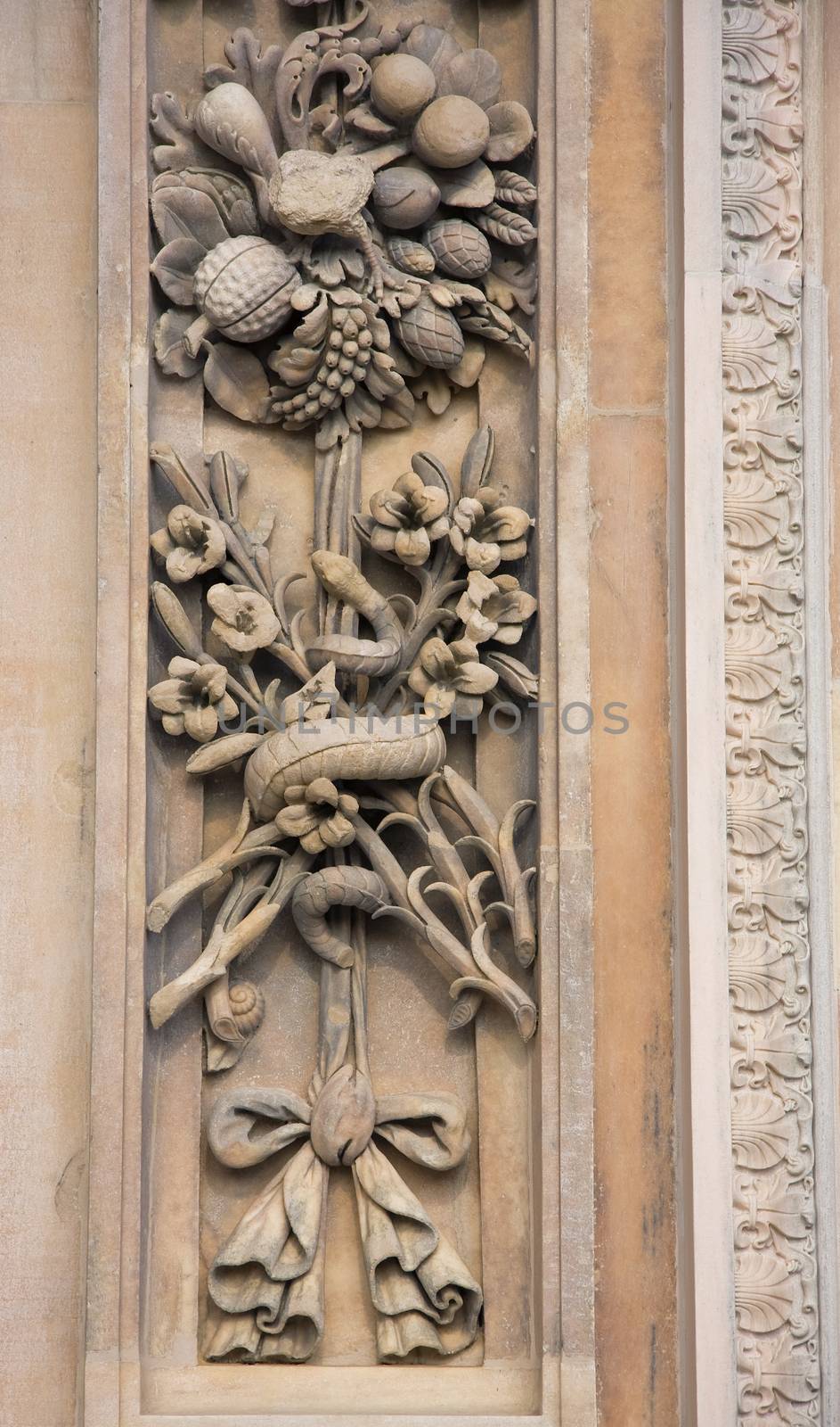 Decorative motif on the facade of Duomo, cathedral in Milan, Italy.