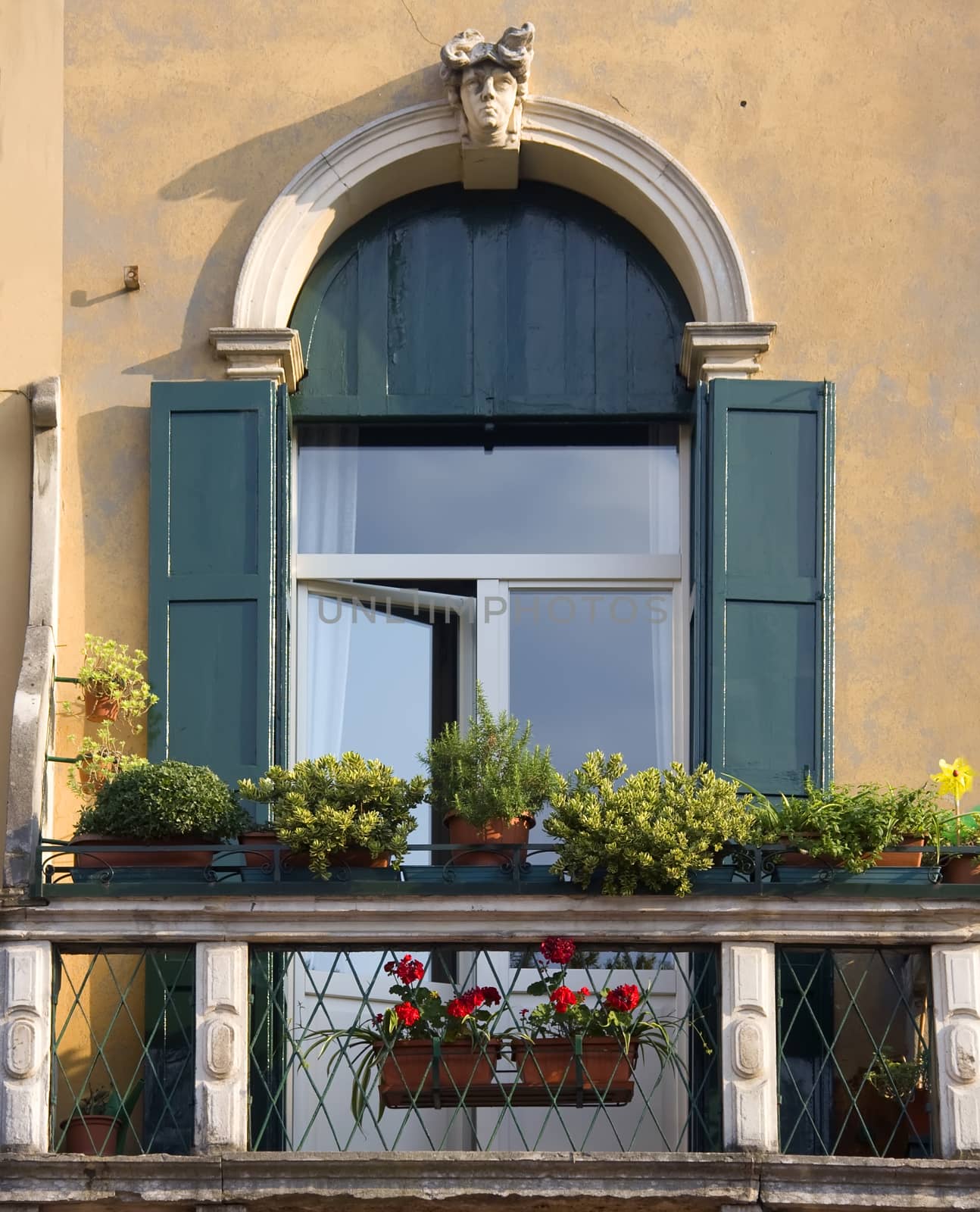 window with stone decoration in Padua by fotoecho