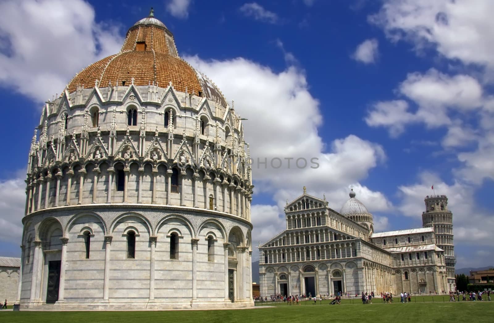 Baptistery and the leaning tower in Pisa, Italy